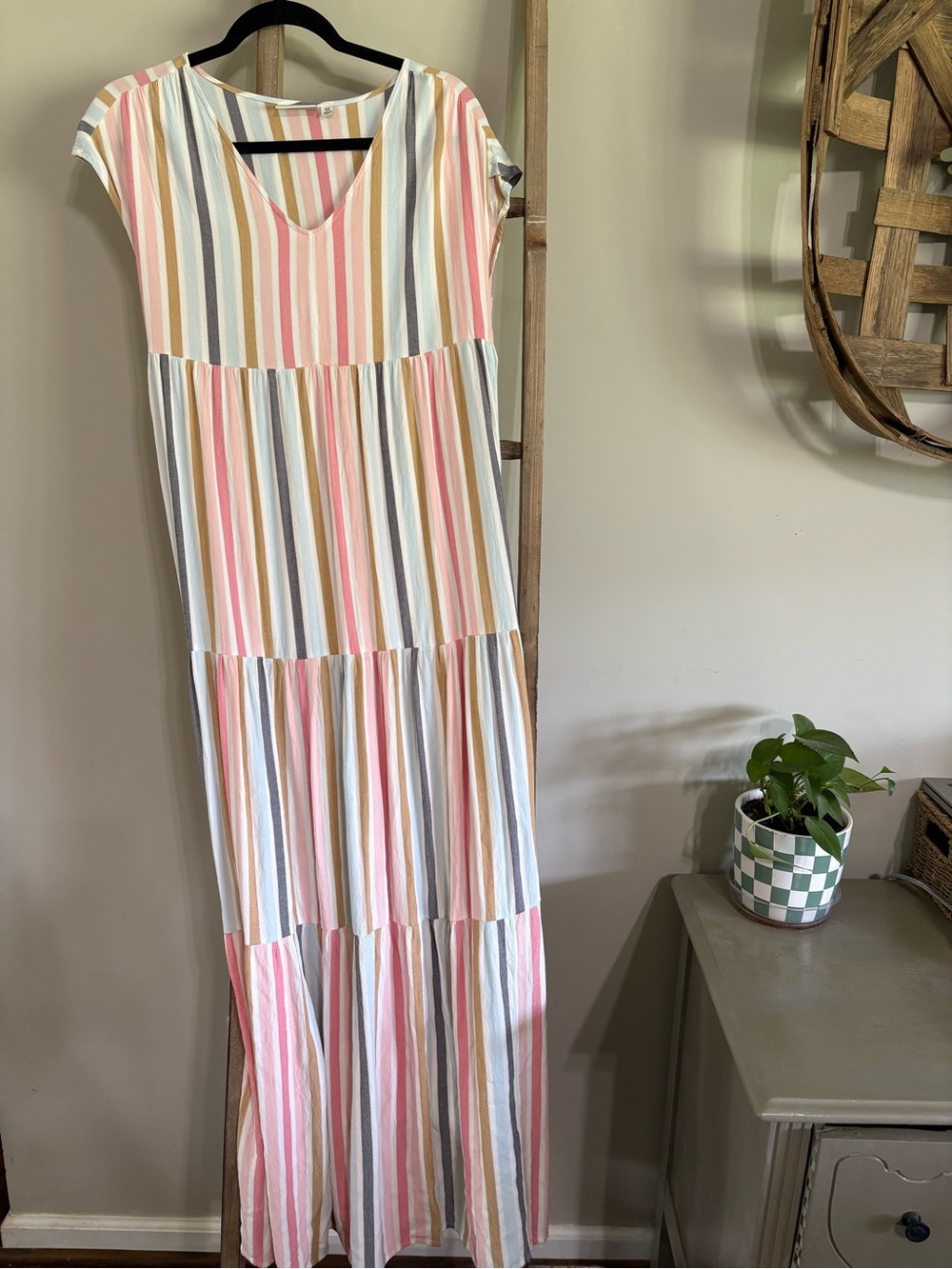 Wonderly Pastel Multi-Stripe V-Neck Tiered Maxi Dress